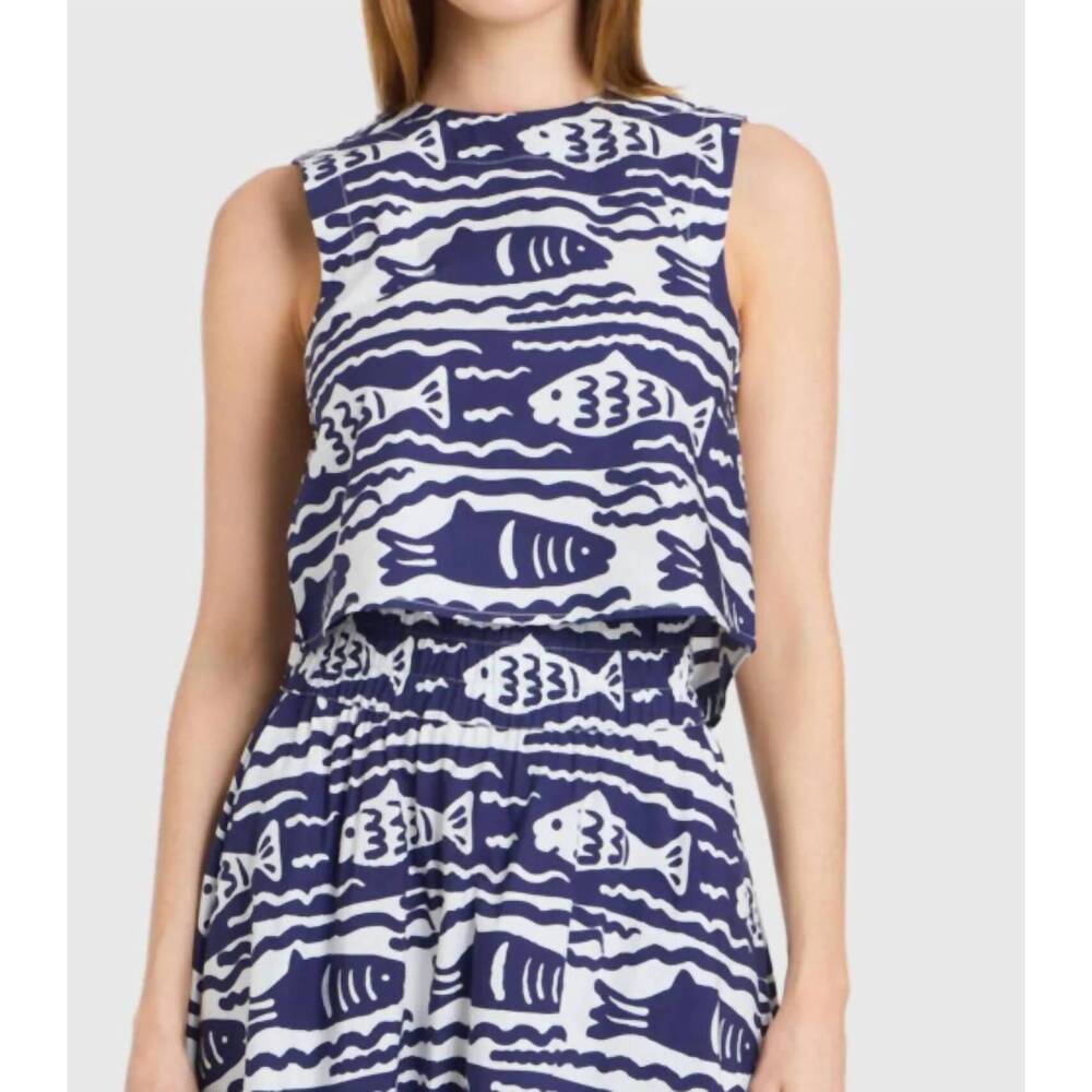 NEW LIVRO sleeveless cropped top in fish print navy/white
